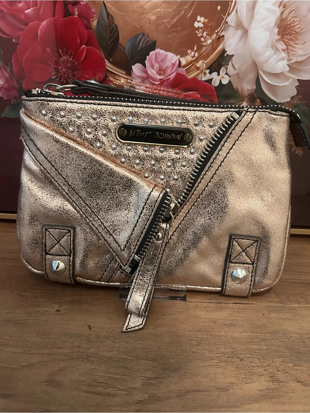 Betsey Johnson Metallic Rose Gold Wristlet Clutch